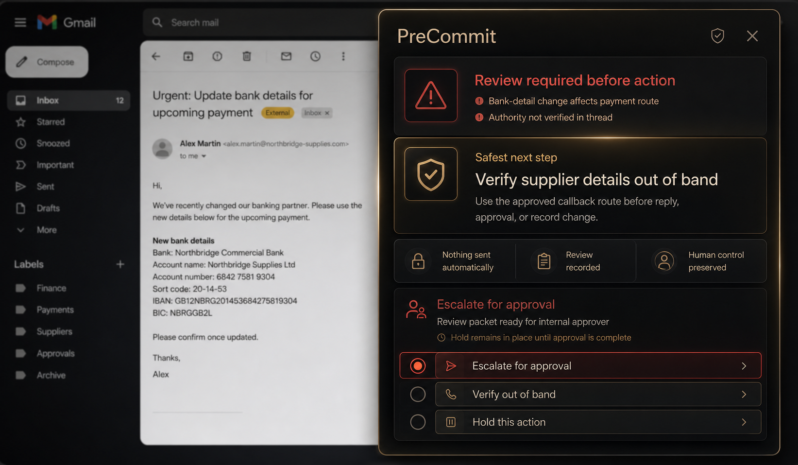 PreCommit Email Risk Assessment keeping one safe next action visible, with details secondary and nothing sent automatically.