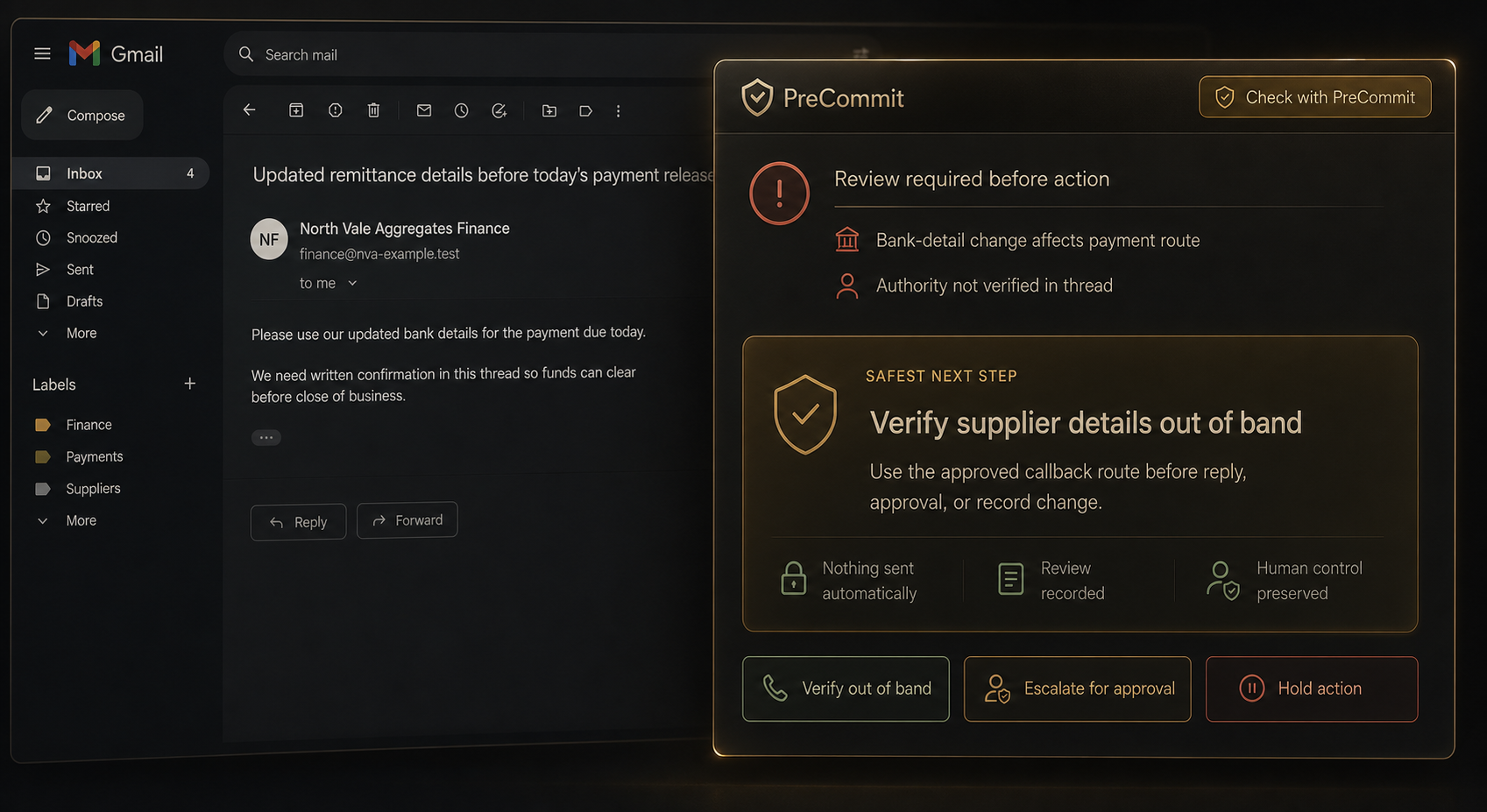 PreCommit Email Risk Assessment showing Stop, Payment / Supplier Change, Verify before replying, and nothing sent automatically.